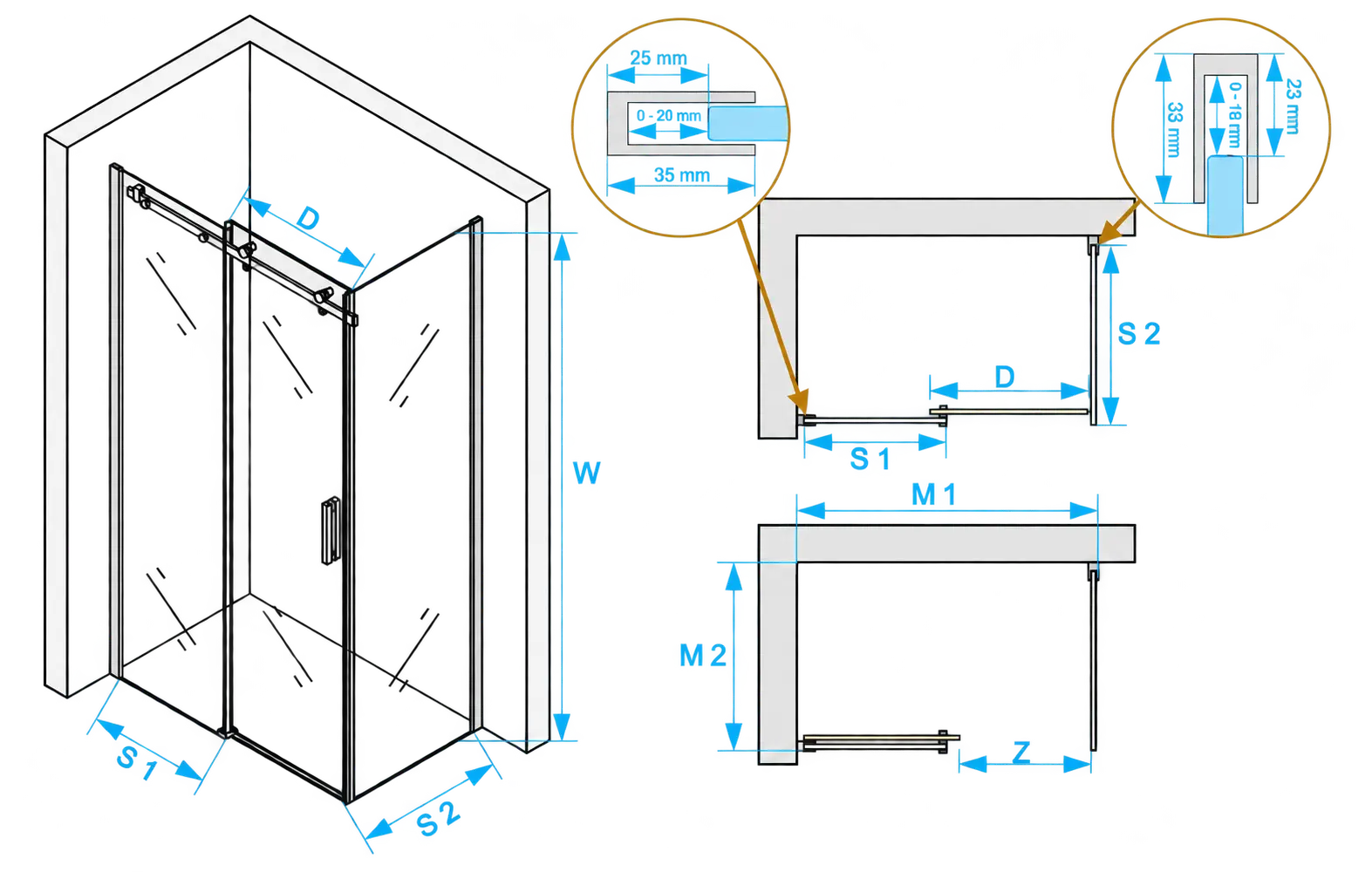 Rozměrový nákres sprchových dveří Lansanit Mateo - parametry viz tabulka.